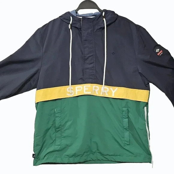 Sperry Nautical Windbreaker Navy Green Yellow Jacket w/ Tablet Pocket Sz Medium - Picture 1 of 6
